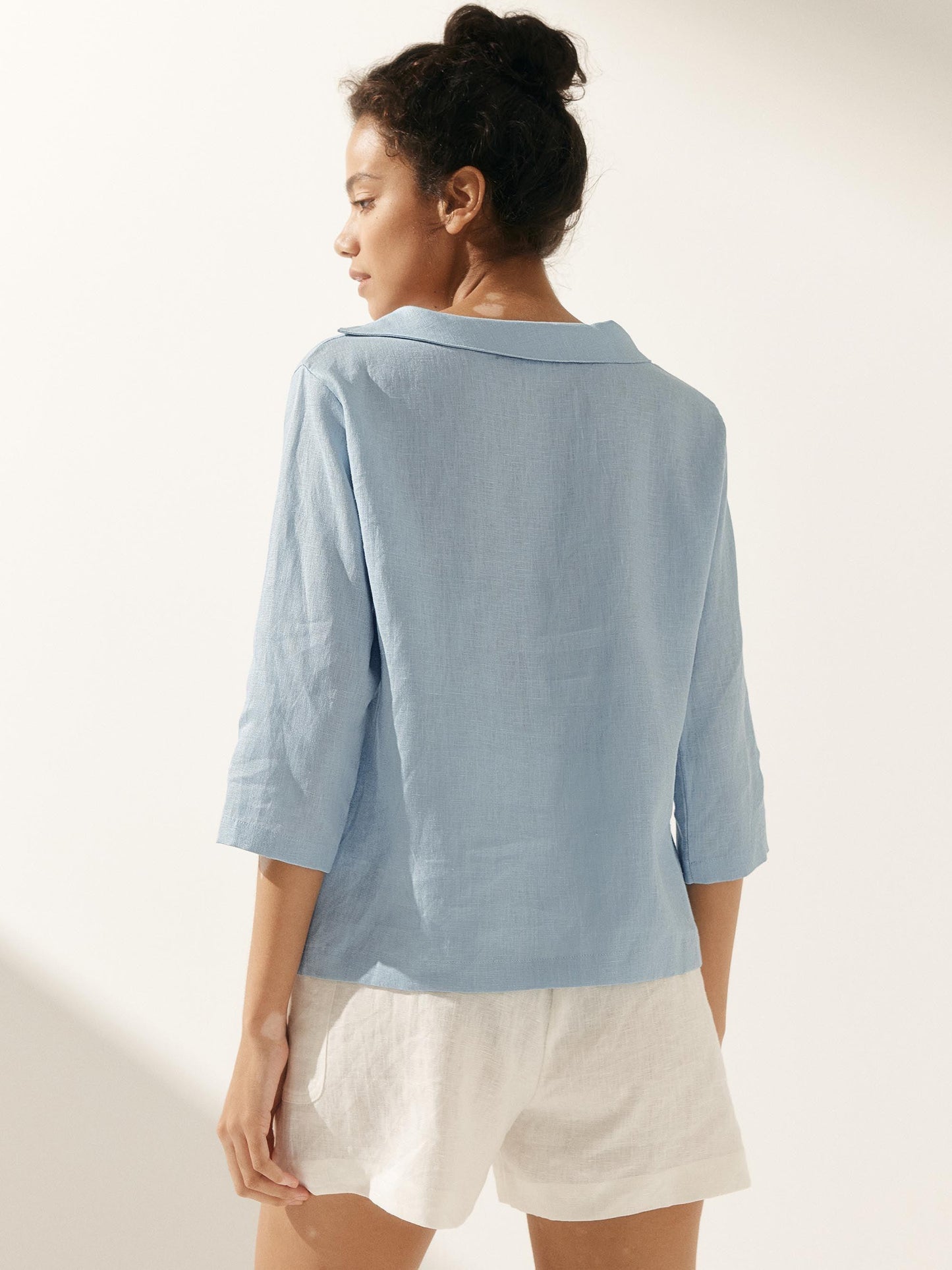 Casey | Women’s Linen Gingham Checked Soft-Fold Collar Blouse