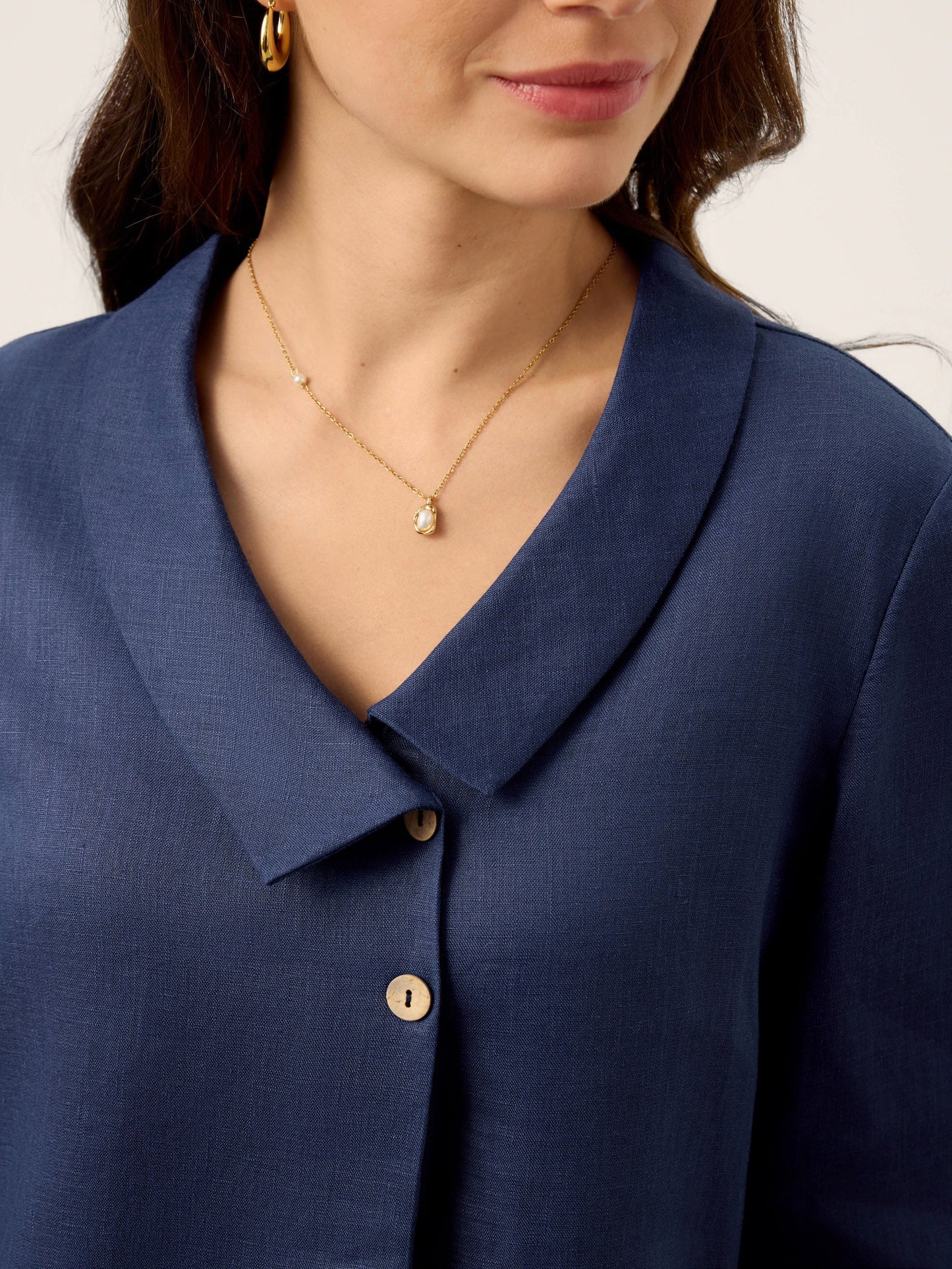 Blaire | Women’s Blue Linen Asymmetric Collar Pleat Blouse