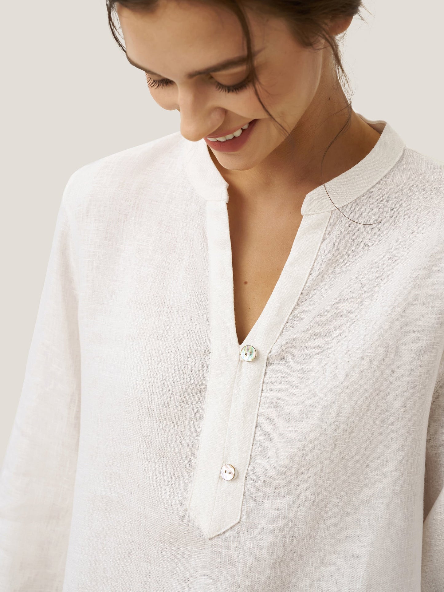 Colette | Women’s Linen Deep V-Neck Button-Trim Pullover Top