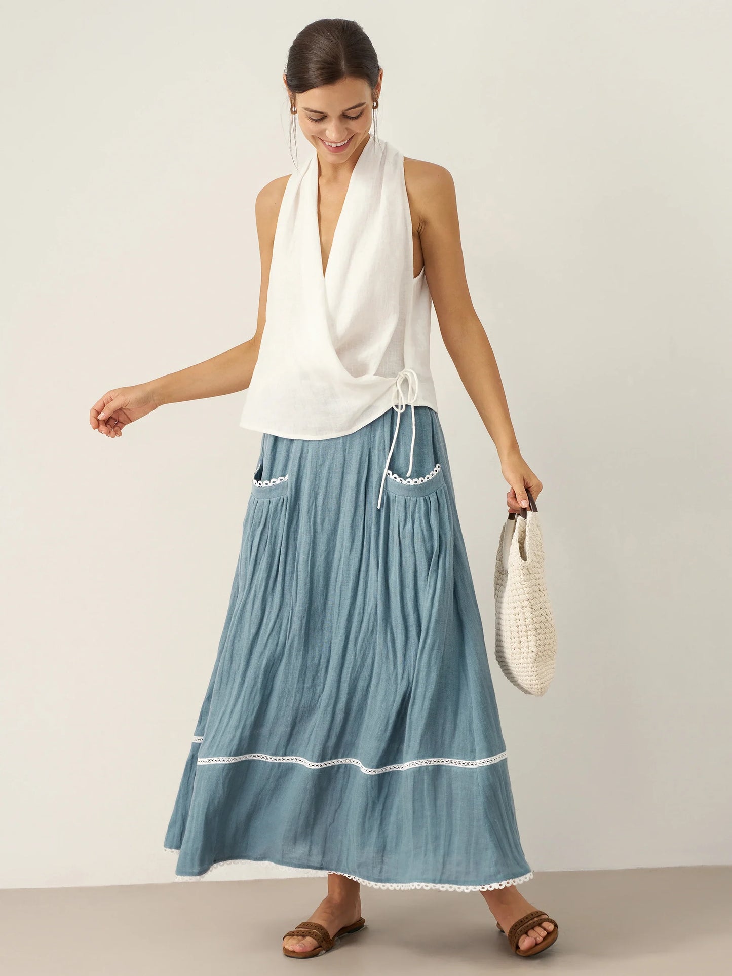 Kira | Women’s Linen Halter Neck Tie-Front Crop Blouse