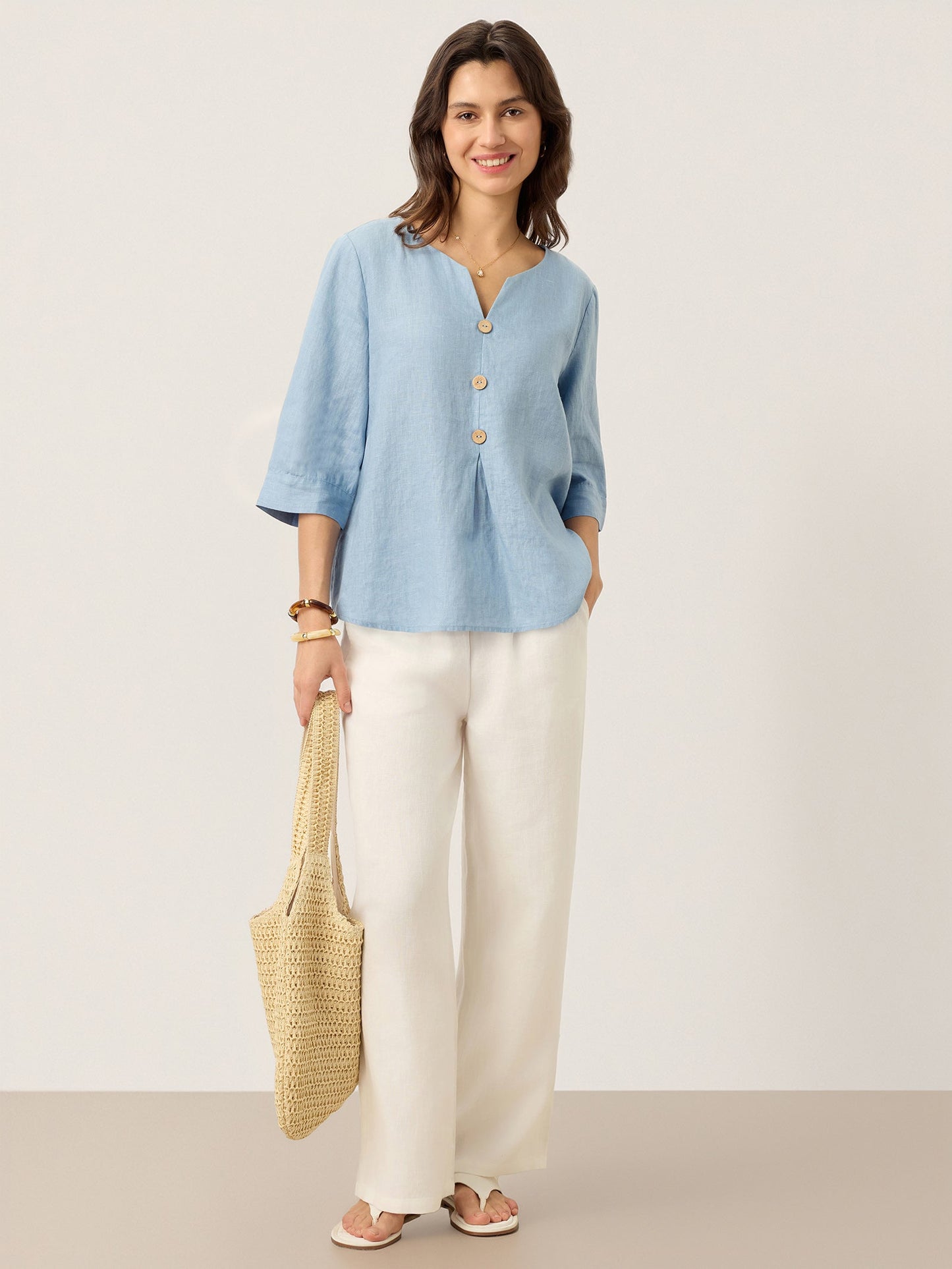 Skylar | Women’s Linen Split Neck Inverted Pleat Blouse