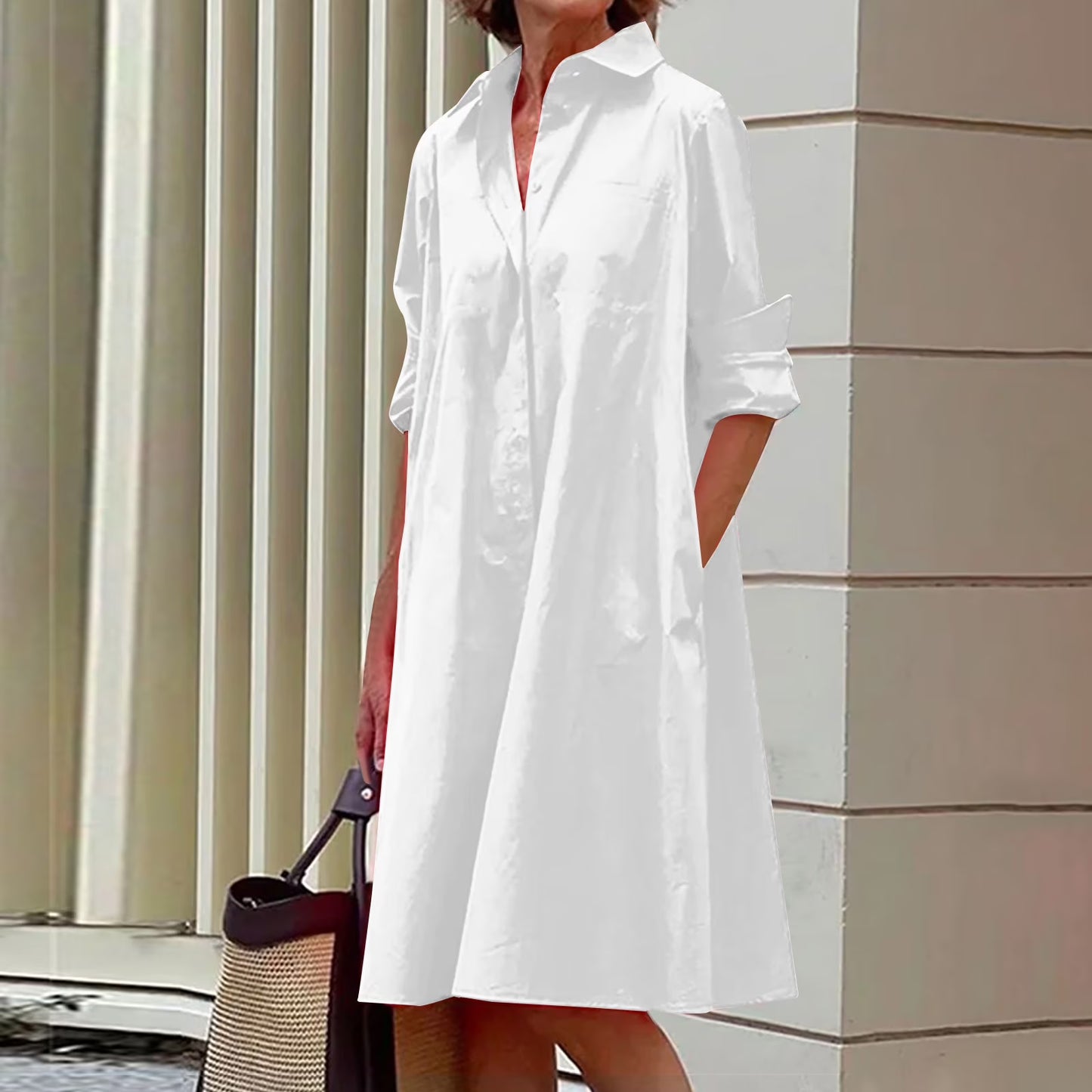Rylai | Women’s Loose Fit Knee-Length Shirt Dress with Pockets