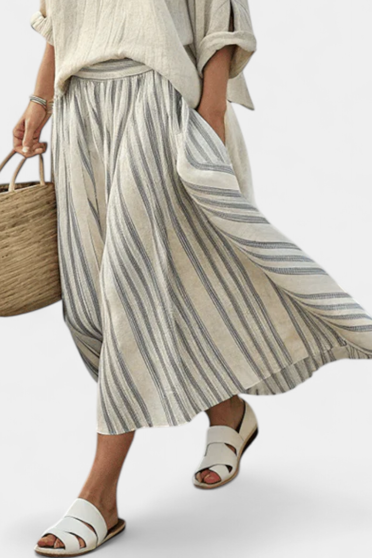 Shiloh | Women’s Comfortable Loose Blouse and Striped Midi Skirt Set