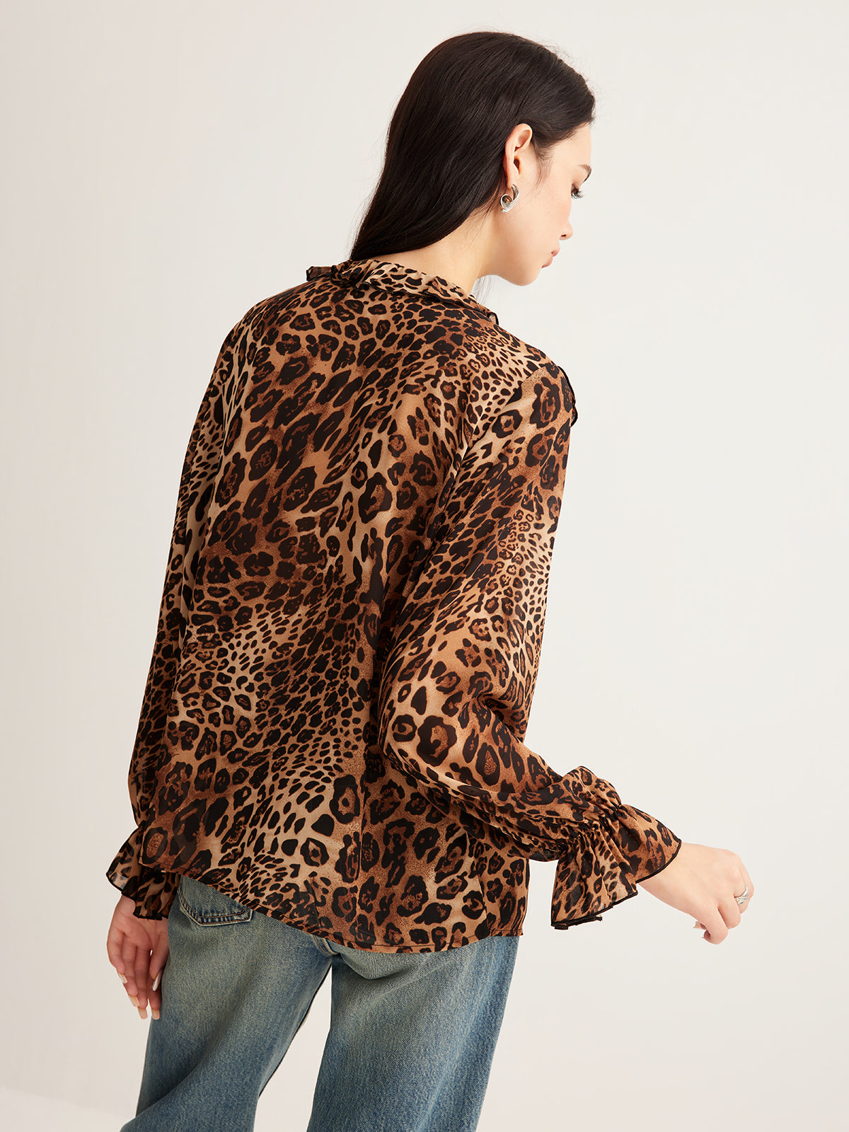Beverly | Women’s Summer Leopard Ruffle Neck Blouse