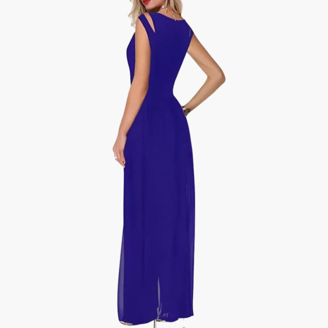 Mallory | Women’s Round Neck Layered Overlay Wide-Leg Jumpsuit