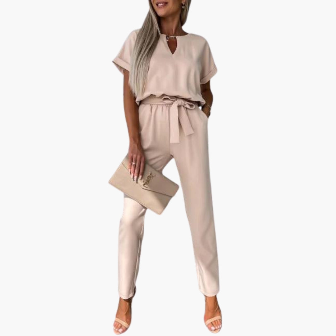 Caroline | Women’s Short Sleeve V-Neck Tie-Waist Tapered Leg Jumpsuit