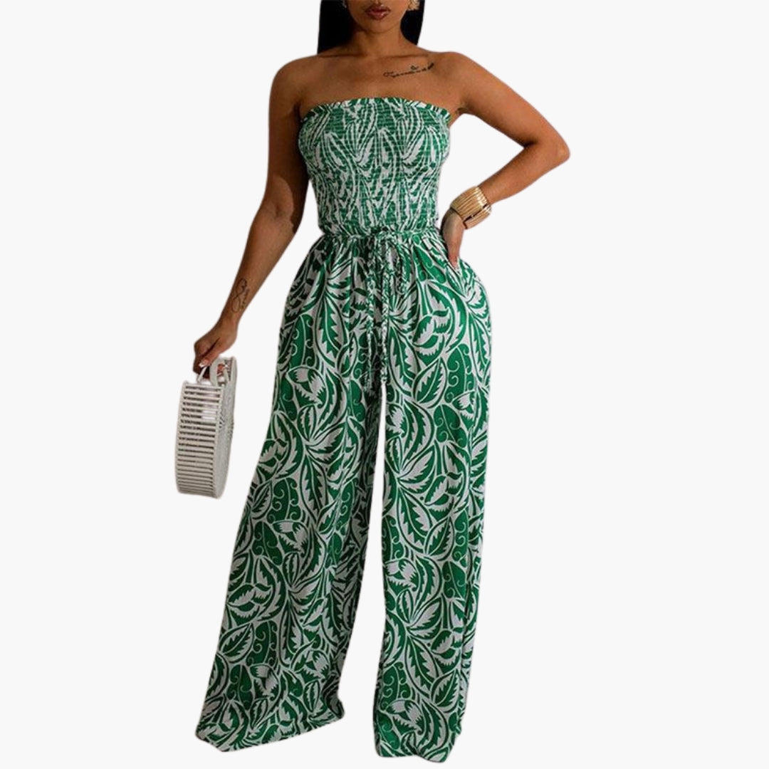 Maren | Women’s Strapless Smocked Top Wide-Leg Print Jumpsuit