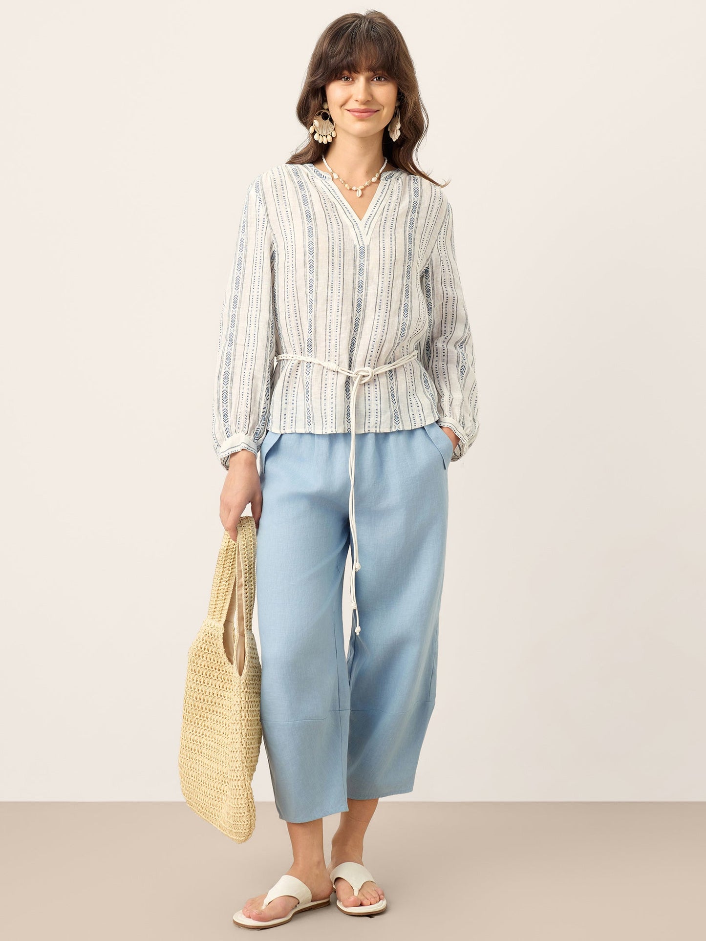 Harlow | Women’s Linen Tribal Stripe Split Neck Boho Blouse