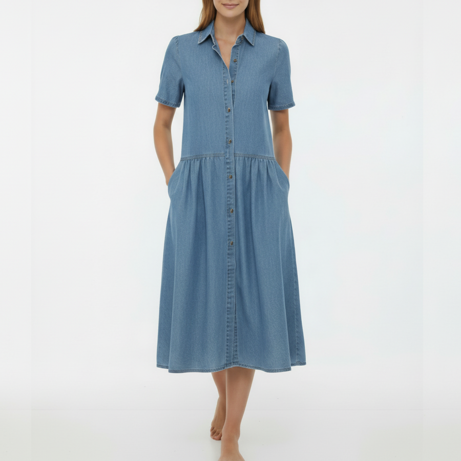 Seraphine | Women’s Button-Front Short Sleeve Denim Midi Dress