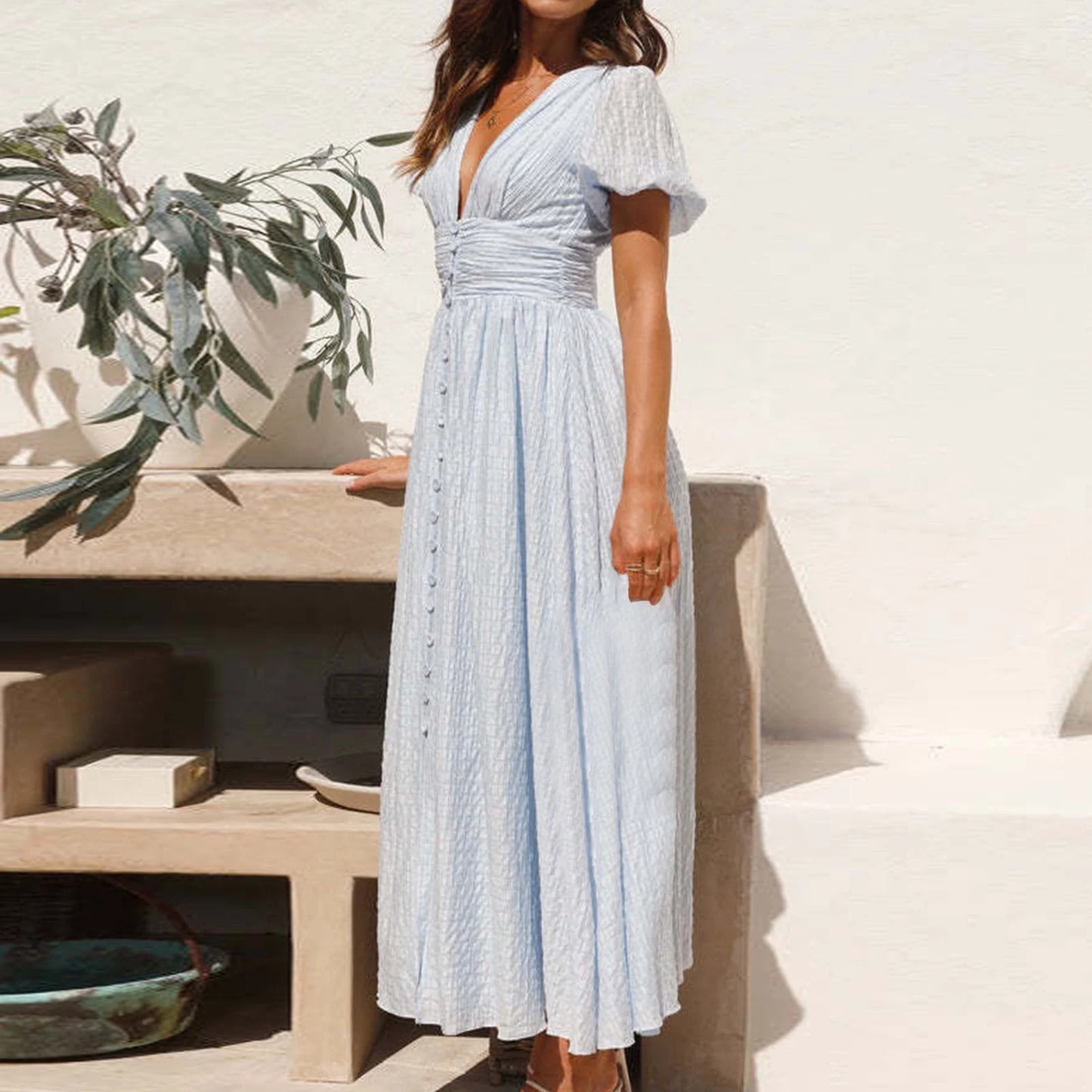 Arya | Women’s Maxi Dress with V-Neck and Button Front Detail