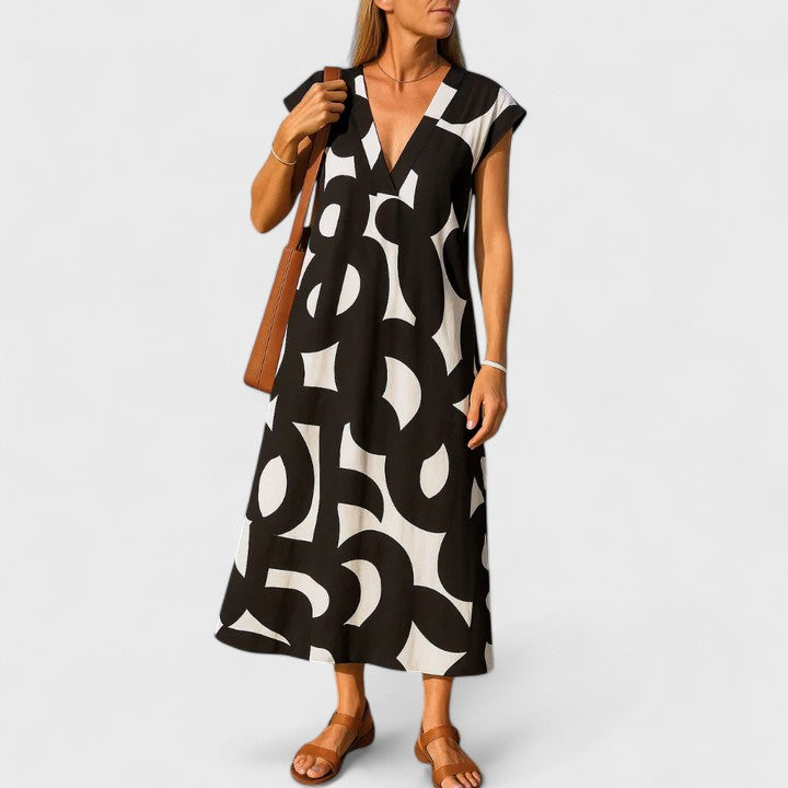 Isoldea | Women’s Printed Flowing V Neck Maxi Dress