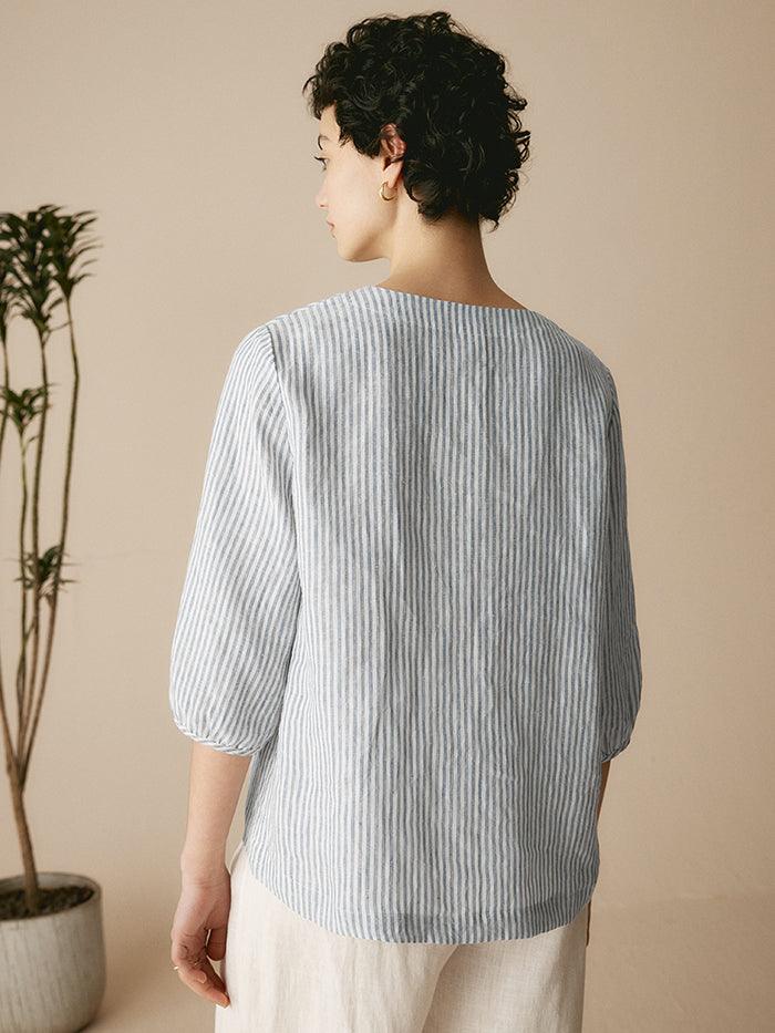 Camille | Women’s Linen V-Neck Puff Sleeve Blouse