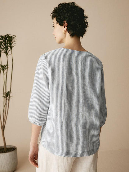 Camille | Women’s Linen V-Neck Puff Sleeve Blouse