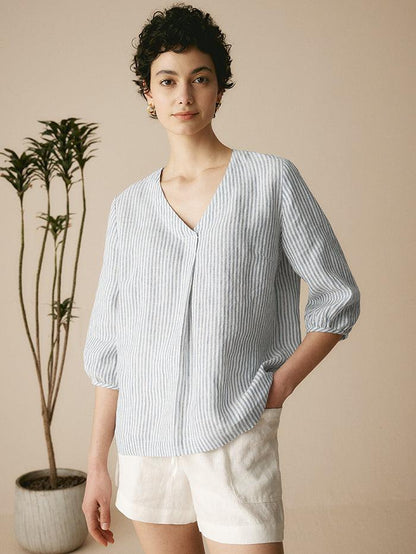 Camille | Women’s Linen V-Neck Puff Sleeve Blouse