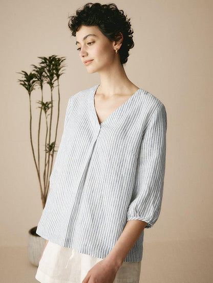 Camille | Women’s Linen V-Neck Puff Sleeve Blouse