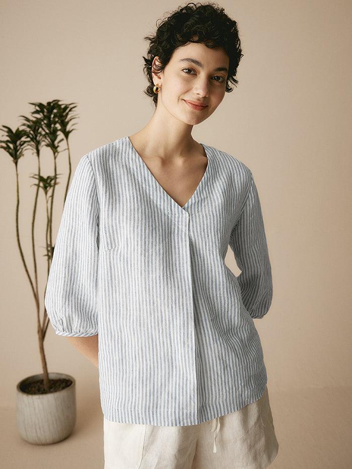 Camille | Women’s Linen V-Neck Puff Sleeve Blouse