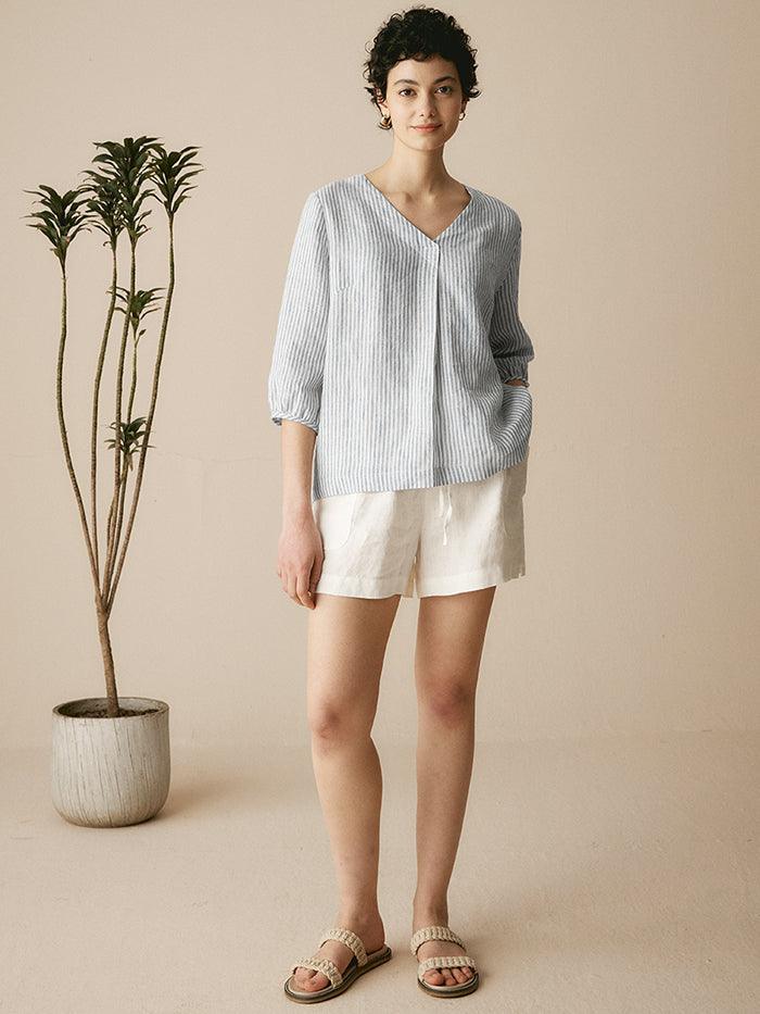Camille | Women’s Linen V-Neck Puff Sleeve Blouse