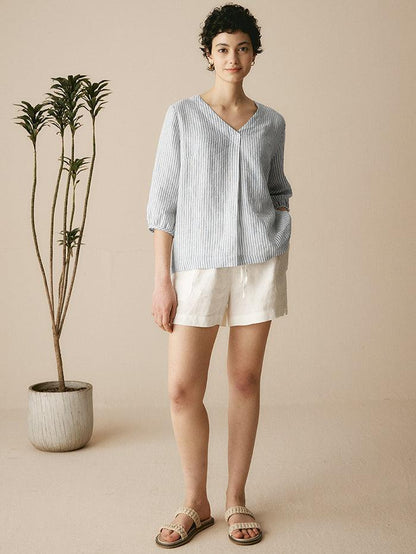 Camille | Women’s Linen V-Neck Puff Sleeve Blouse
