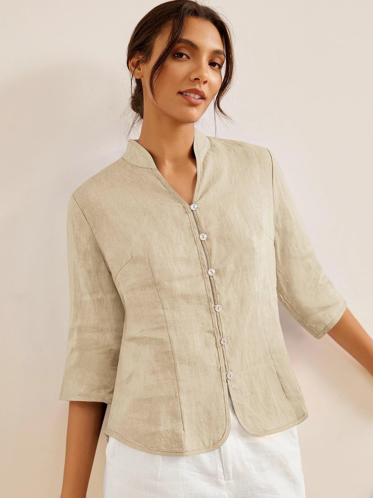 Imogen | Women’s Linen Hand Button Fitted Blouse