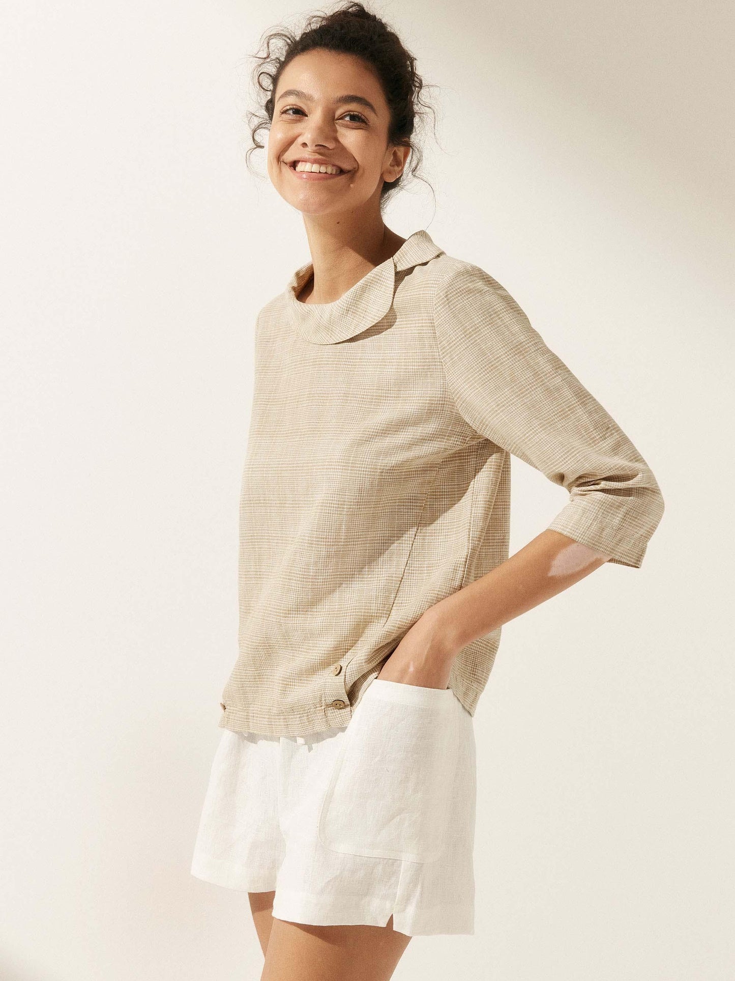 Casey | Women’s Linen Gingham Checked Soft-Fold Collar Blouse