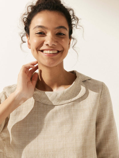 Casey | Women’s Linen Gingham Checked Soft-Fold Collar Blouse