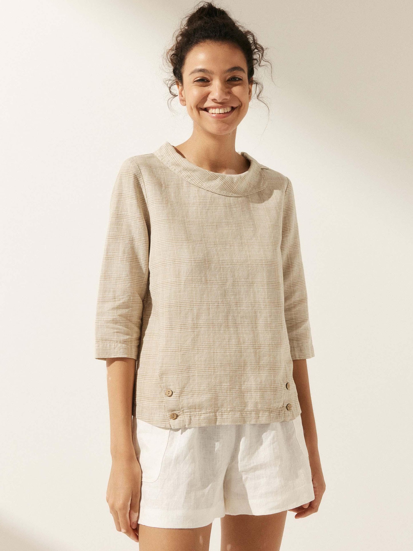 Casey | Women’s Linen Gingham Checked Soft-Fold Collar Blouse