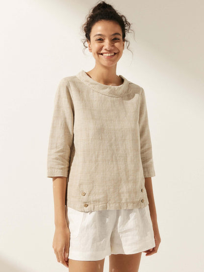 Casey | Women’s Linen Gingham Checked Soft-Fold Collar Blouse