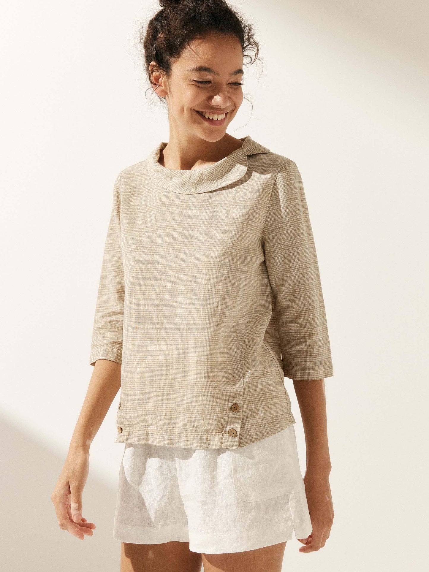 Casey | Women’s Linen Gingham Checked Soft-Fold Collar Blouse