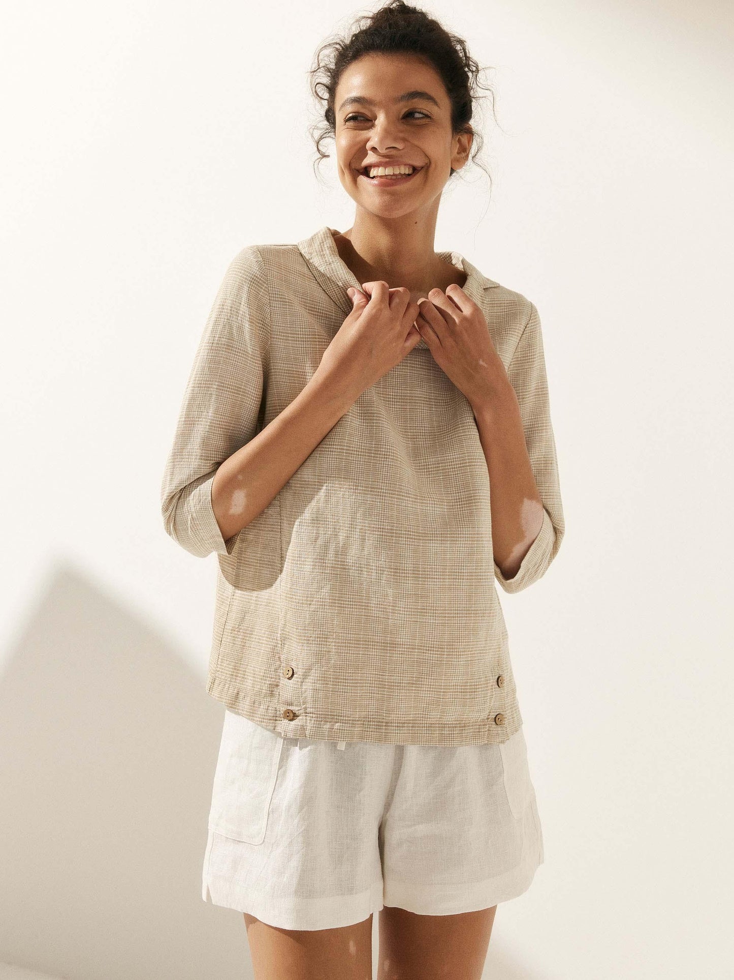 Casey | Women’s Linen Gingham Checked Soft-Fold Collar Blouse