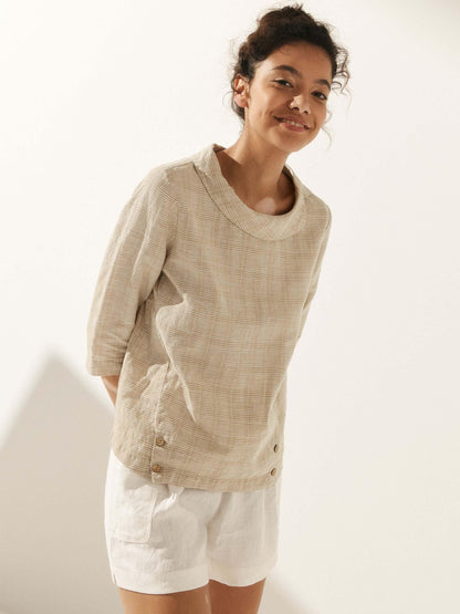 Casey | Women’s Linen Gingham Checked Soft-Fold Collar Blouse