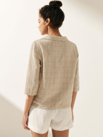 Casey | Women’s Linen Gingham Checked Soft-Fold Collar Blouse