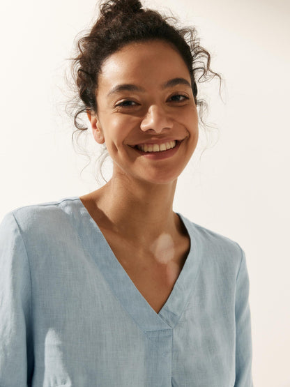 Camille | Women’s Linen V-Neck Puff Sleeve Blouse
