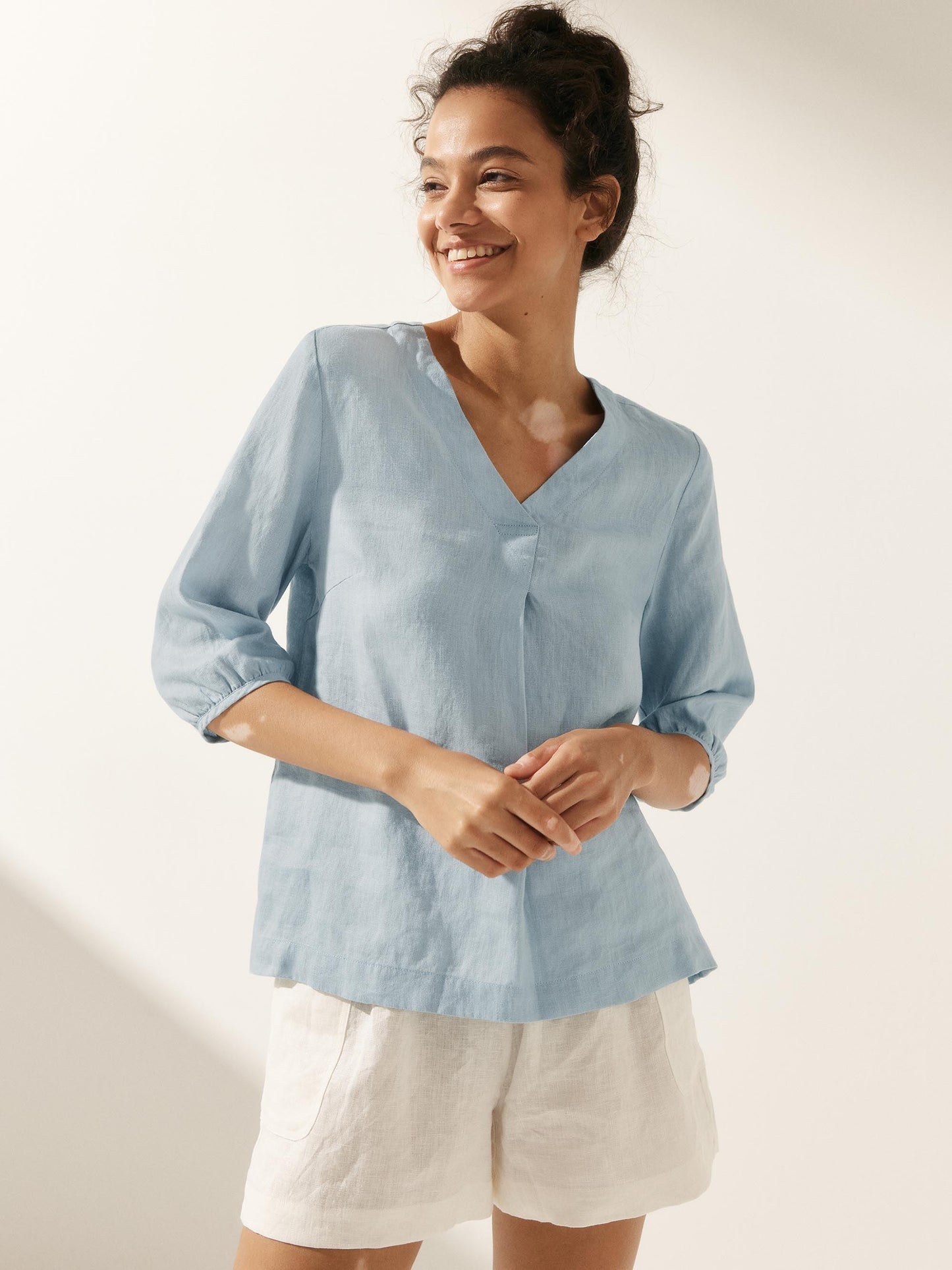 Camille | Women’s Linen V-Neck Puff Sleeve Blouse