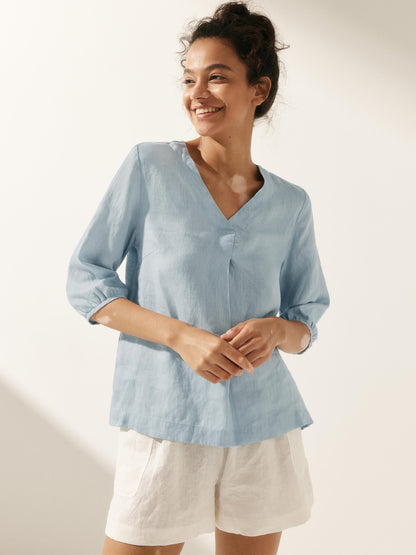 Camille | Women’s Linen V-Neck Puff Sleeve Blouse