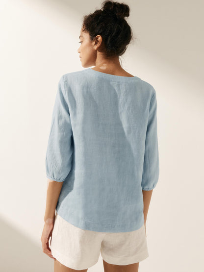 Camille | Women’s Linen V-Neck Puff Sleeve Blouse