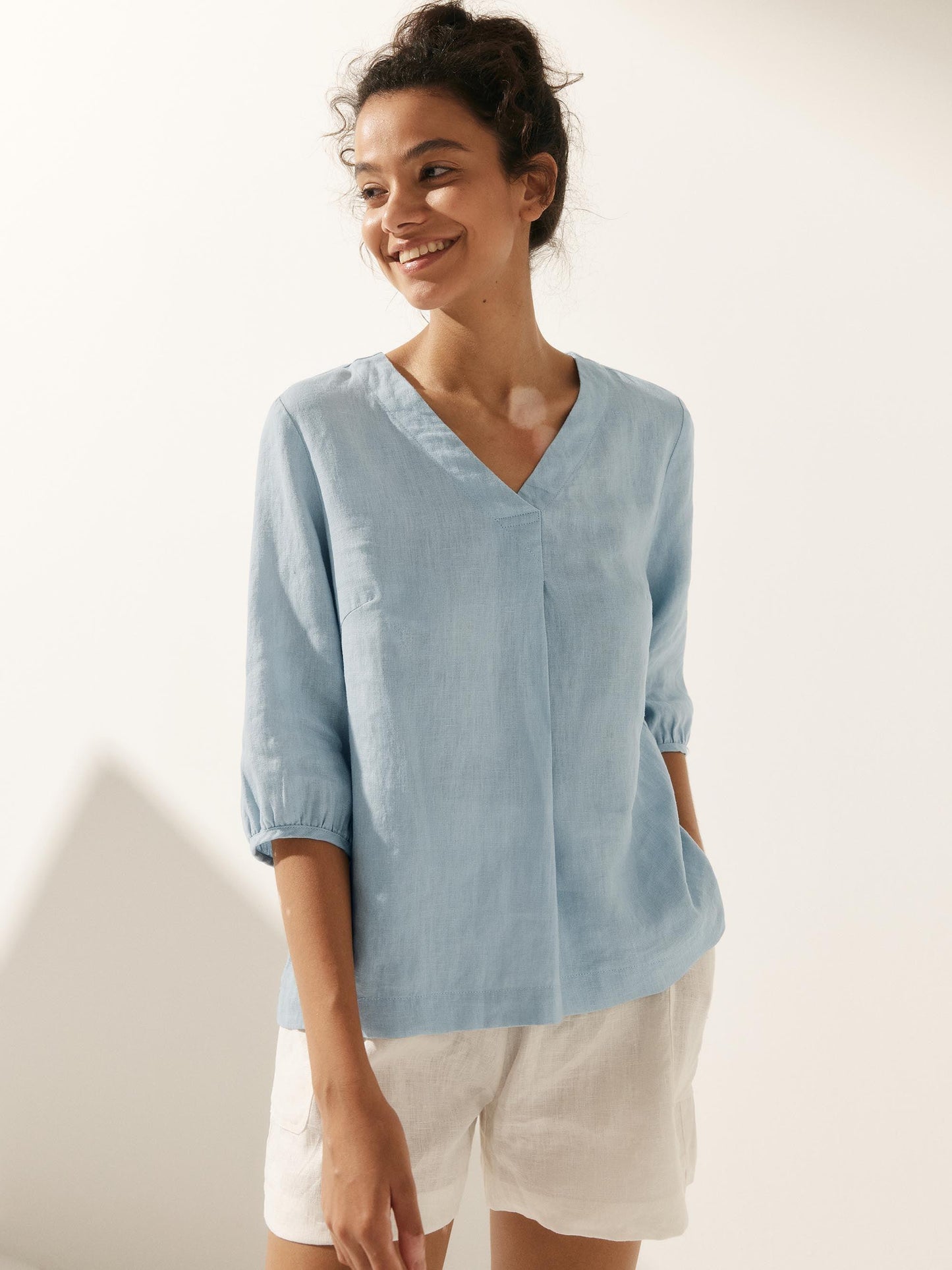 Camille | Women’s Linen V-Neck Puff Sleeve Blouse