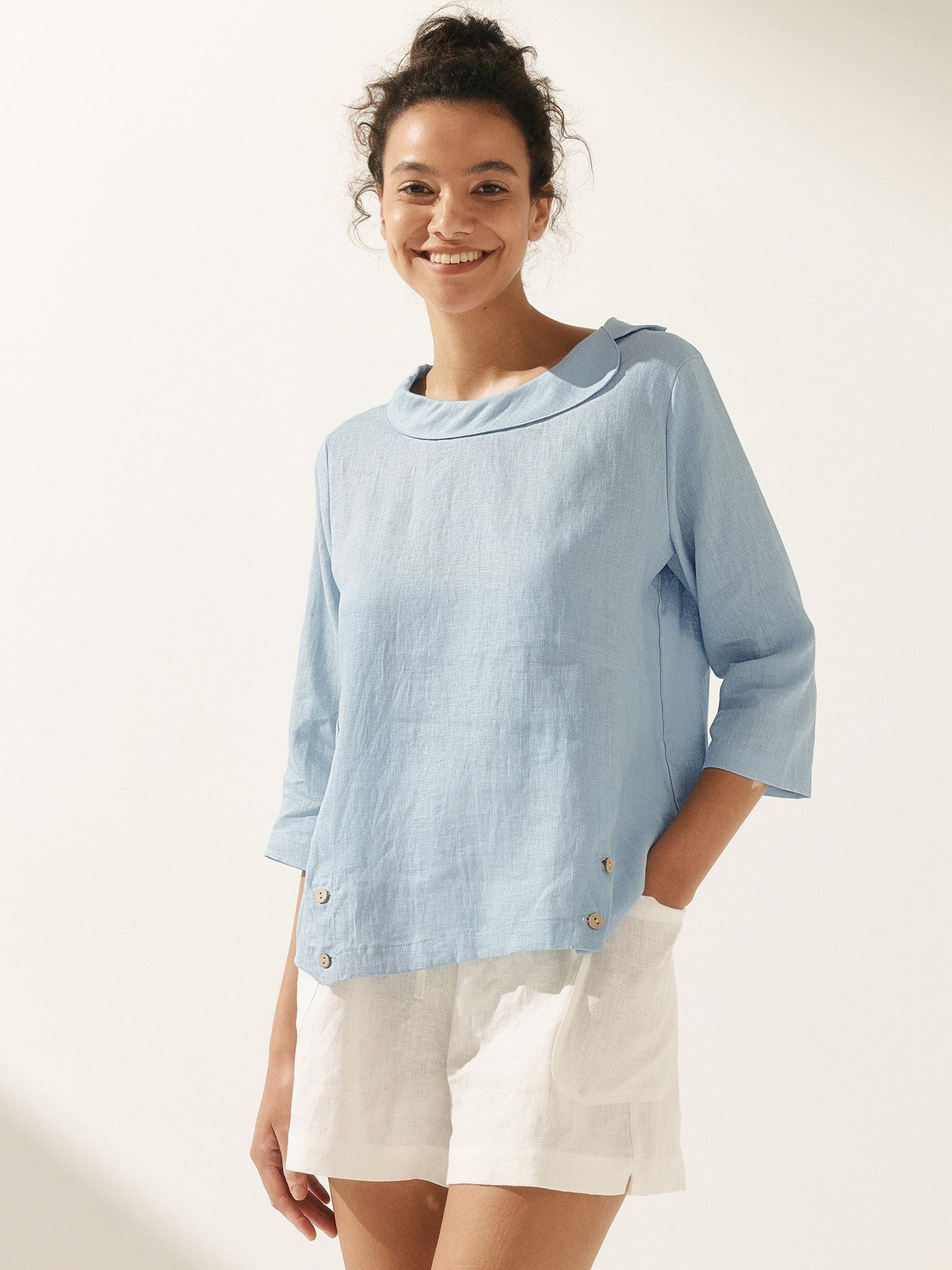 Casey | Women’s Linen Gingham Checked Soft-Fold Collar Blouse