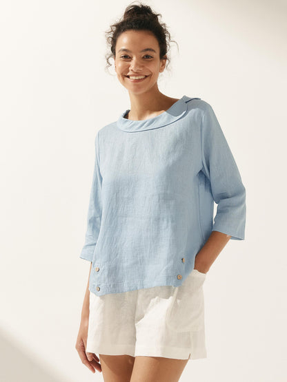 Casey | Women’s Linen Gingham Checked Soft-Fold Collar Blouse