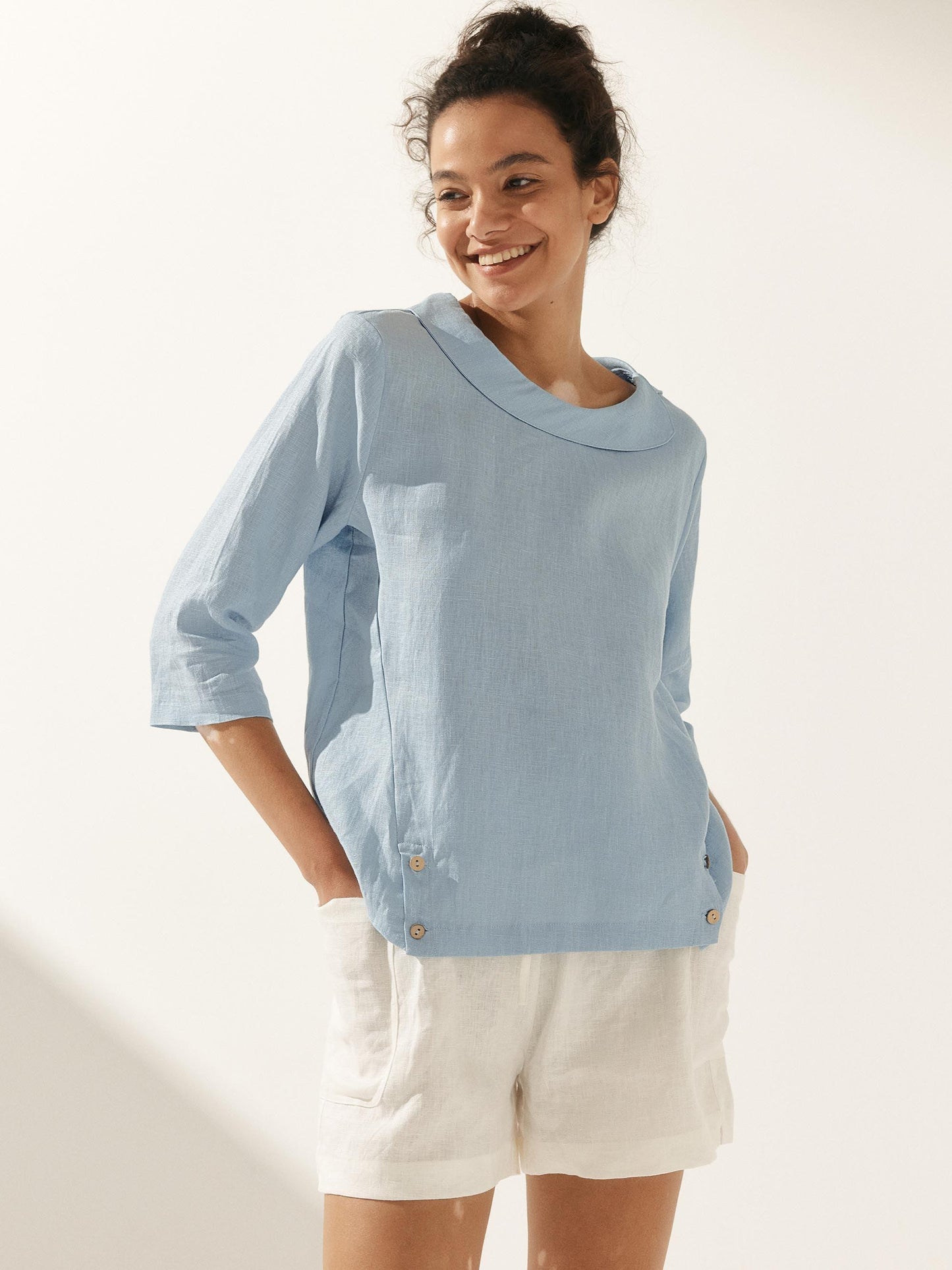 Casey | Women’s Linen Gingham Checked Soft-Fold Collar Blouse