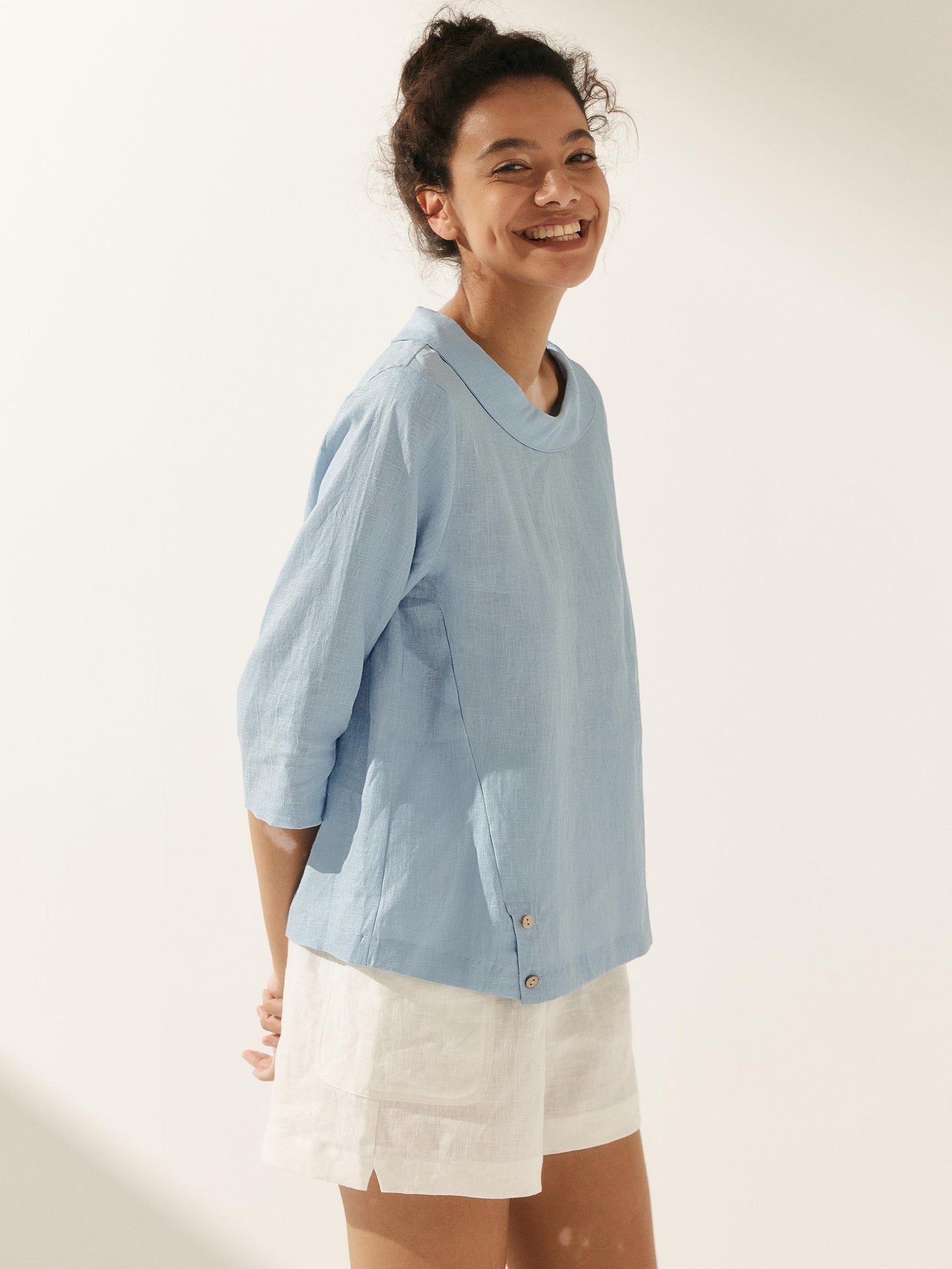 Casey | Women’s Linen Gingham Checked Soft-Fold Collar Blouse