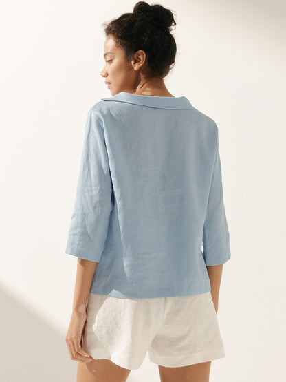 Casey | Women’s Linen Gingham Checked Soft-Fold Collar Blouse