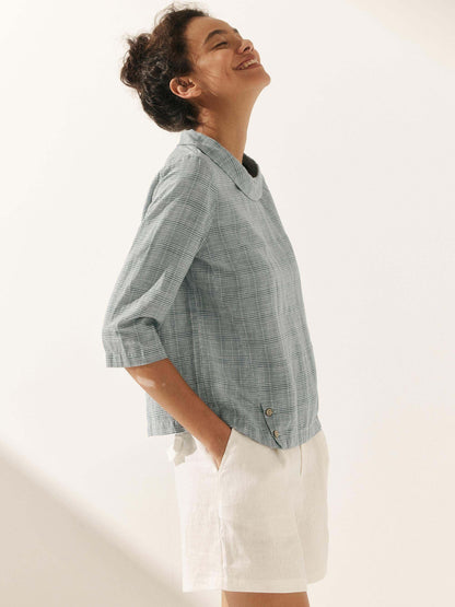 Casey | Women’s Linen Gingham Checked Soft-Fold Collar Blouse