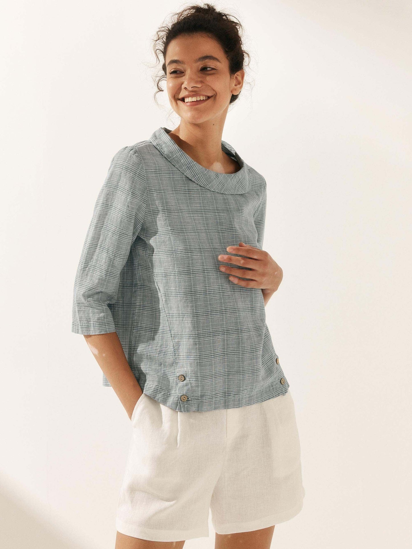 Casey | Women’s Linen Gingham Checked Soft-Fold Collar Blouse