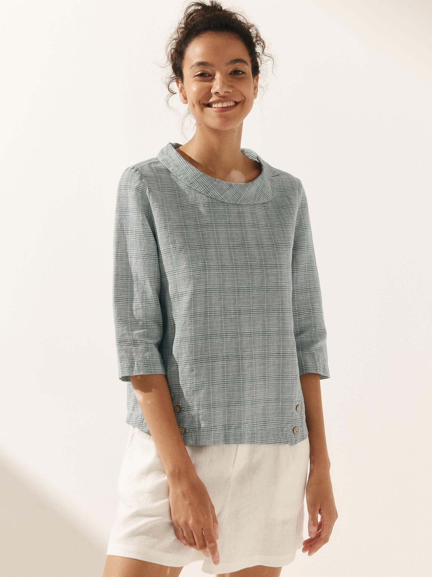 Casey | Women’s Linen Gingham Checked Soft-Fold Collar Blouse