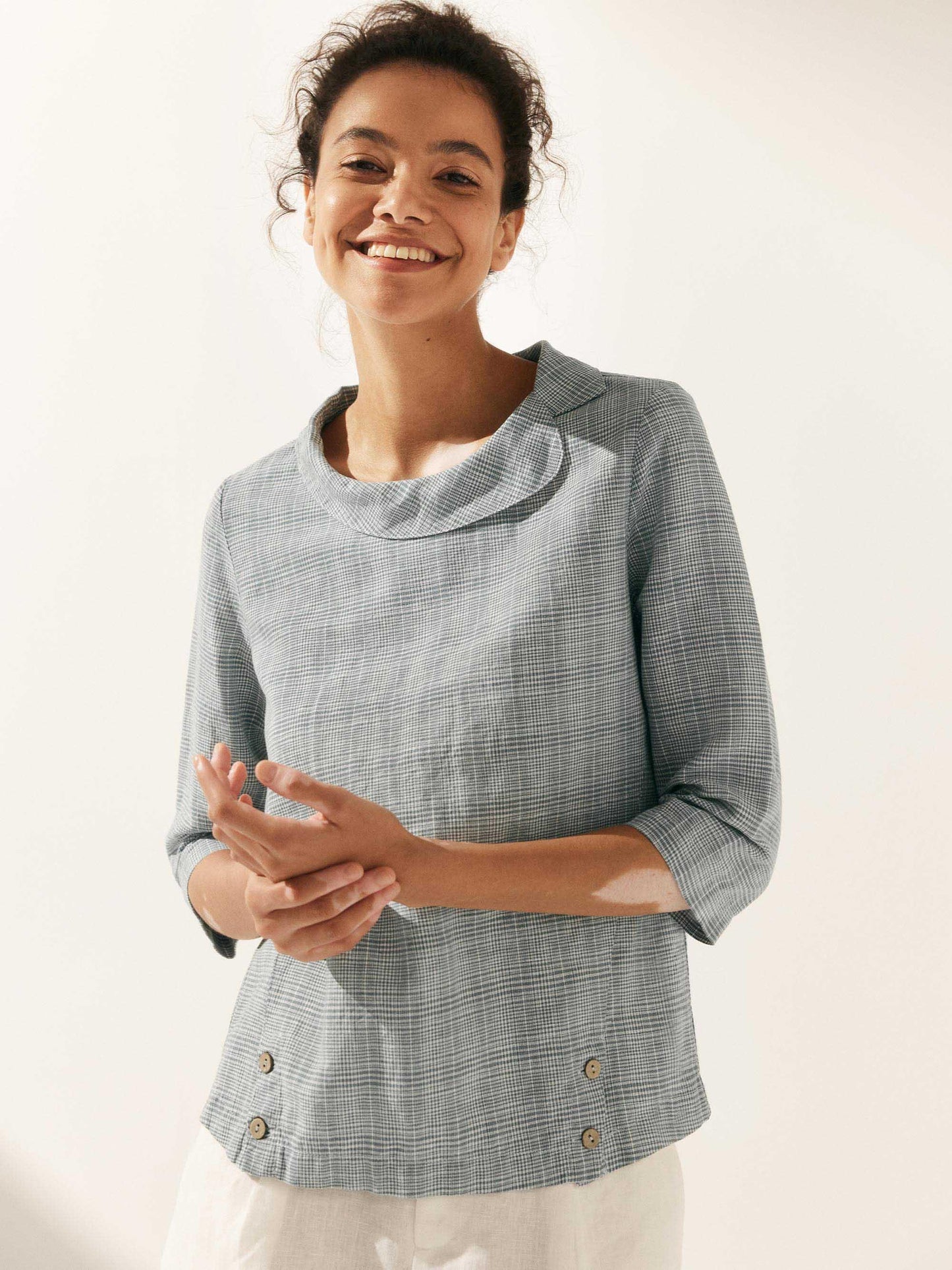 Casey | Women’s Linen Gingham Checked Soft-Fold Collar Blouse