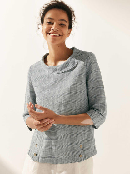 Casey | Women’s Linen Gingham Checked Soft-Fold Collar Blouse