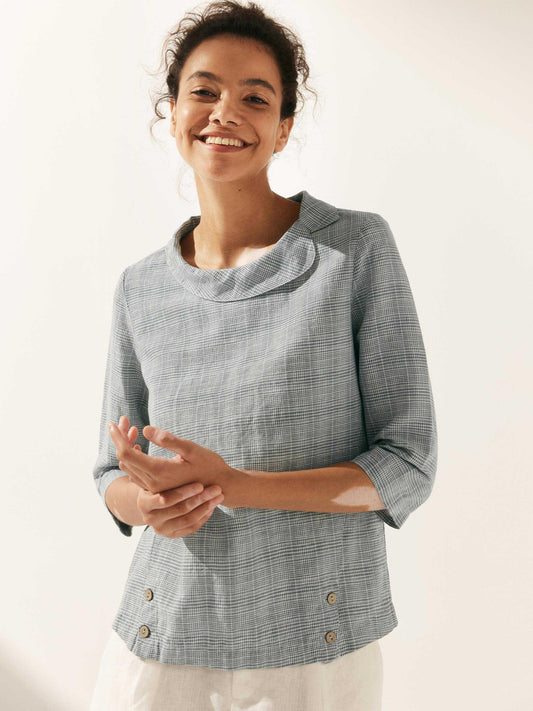 Casey | Women’s Linen Gingham Checked Soft-Fold Collar Blouse
