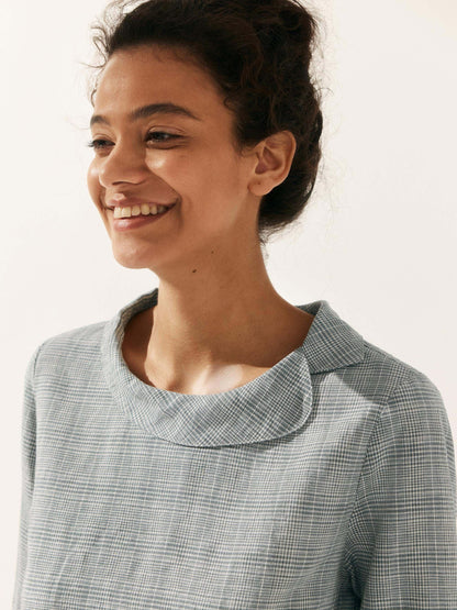Casey | Women’s Linen Gingham Checked Soft-Fold Collar Blouse