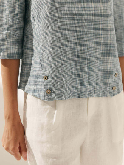 Casey | Women’s Linen Gingham Checked Soft-Fold Collar Blouse