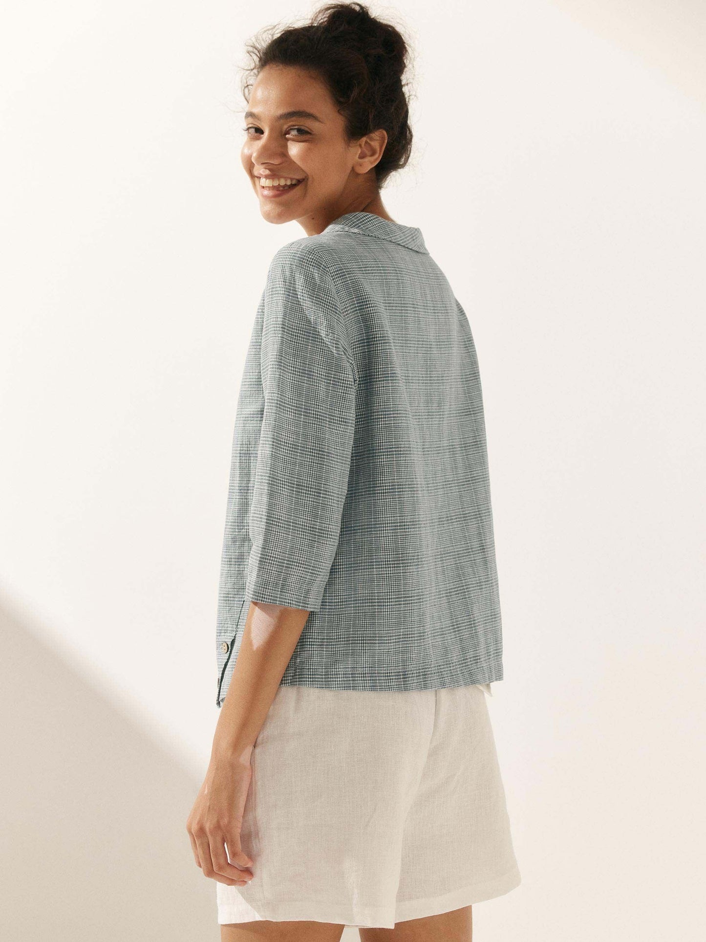 Casey | Women’s Linen Gingham Checked Soft-Fold Collar Blouse